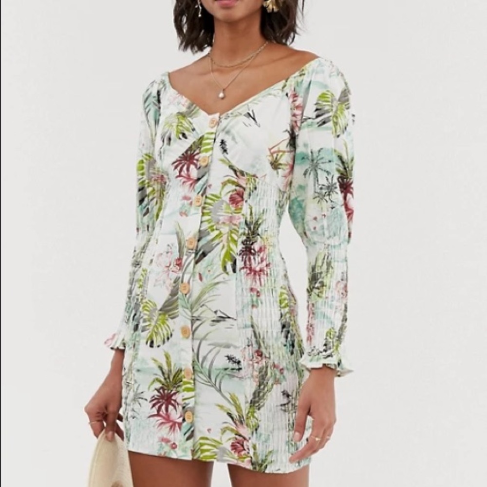 ASOS SHIRRED MINI TROPICAL PRINT DRESS